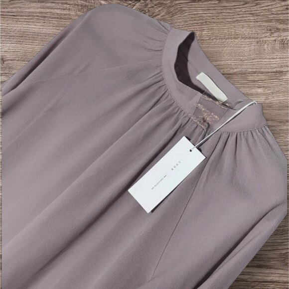 Lush Tops - Lush Elegant Sheer Tan Minimalist Blouse Modest High Neck Puff Long Sleeves